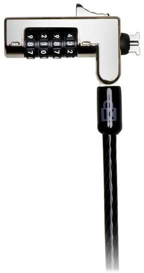 Kabelslot met vier-cijferige nummercode, metalen behuizing en zwart kabel.