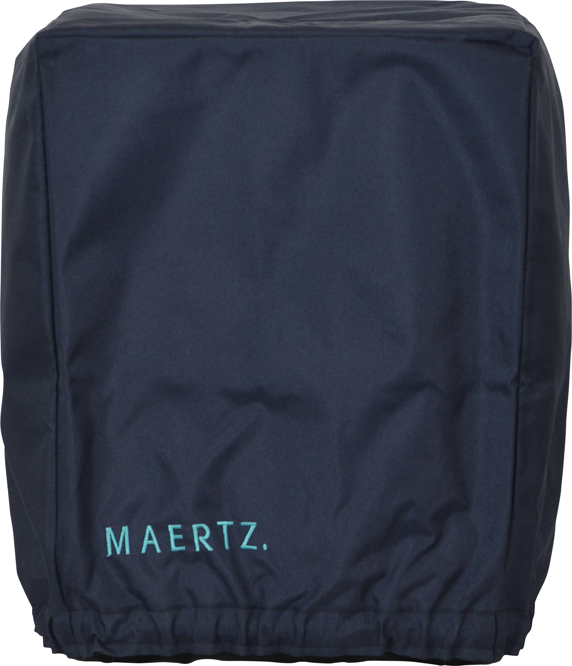 Een zwarte beschermhoes voor een rugzak met de tekst 'MAERTZ' in turkoois afgedrukt onderaan.