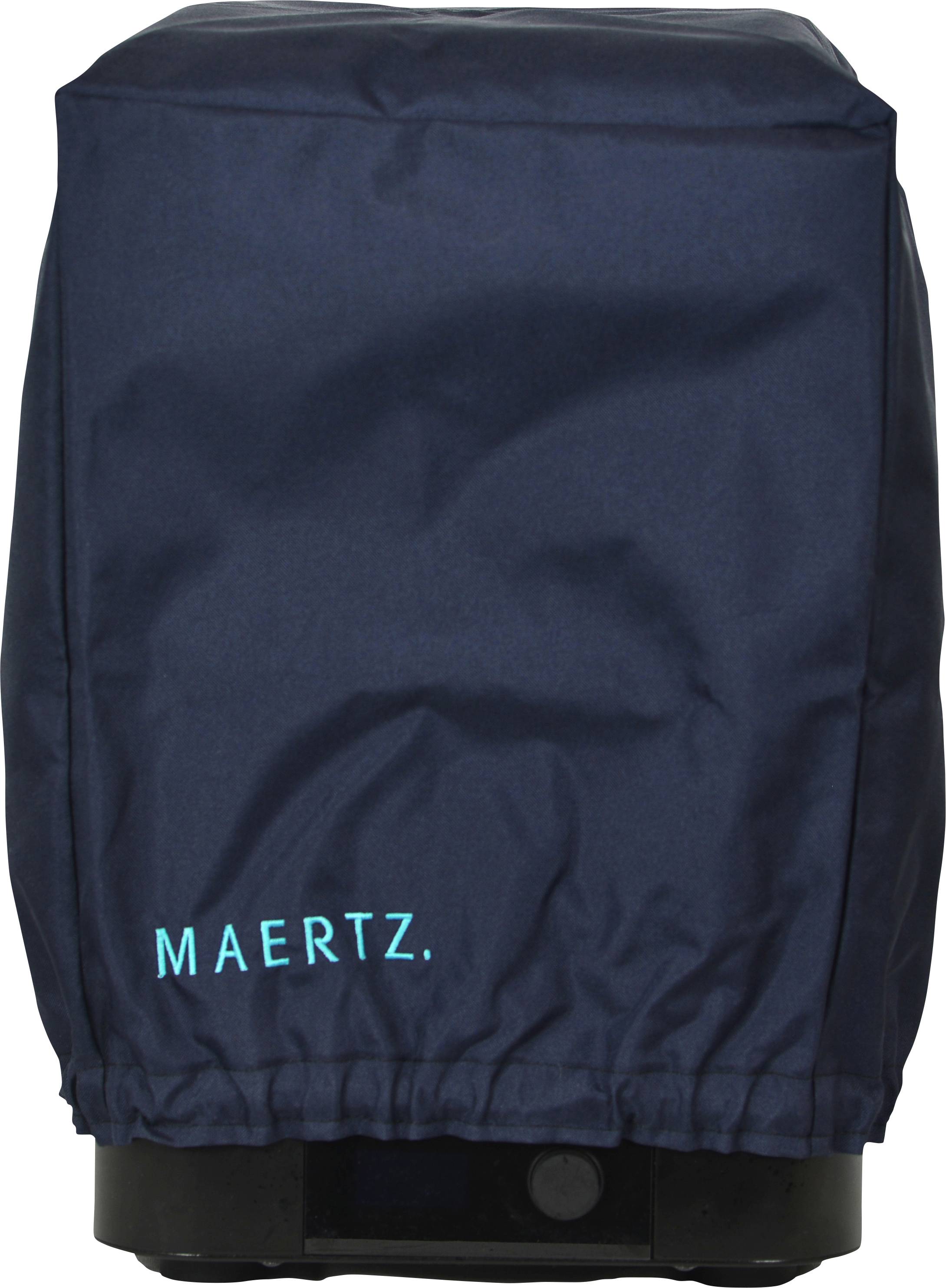 Zwarte stofzuiger met donkerblauwe behuizing. Op de behuizing staat in turquoise letters 'MAERTZ.'.