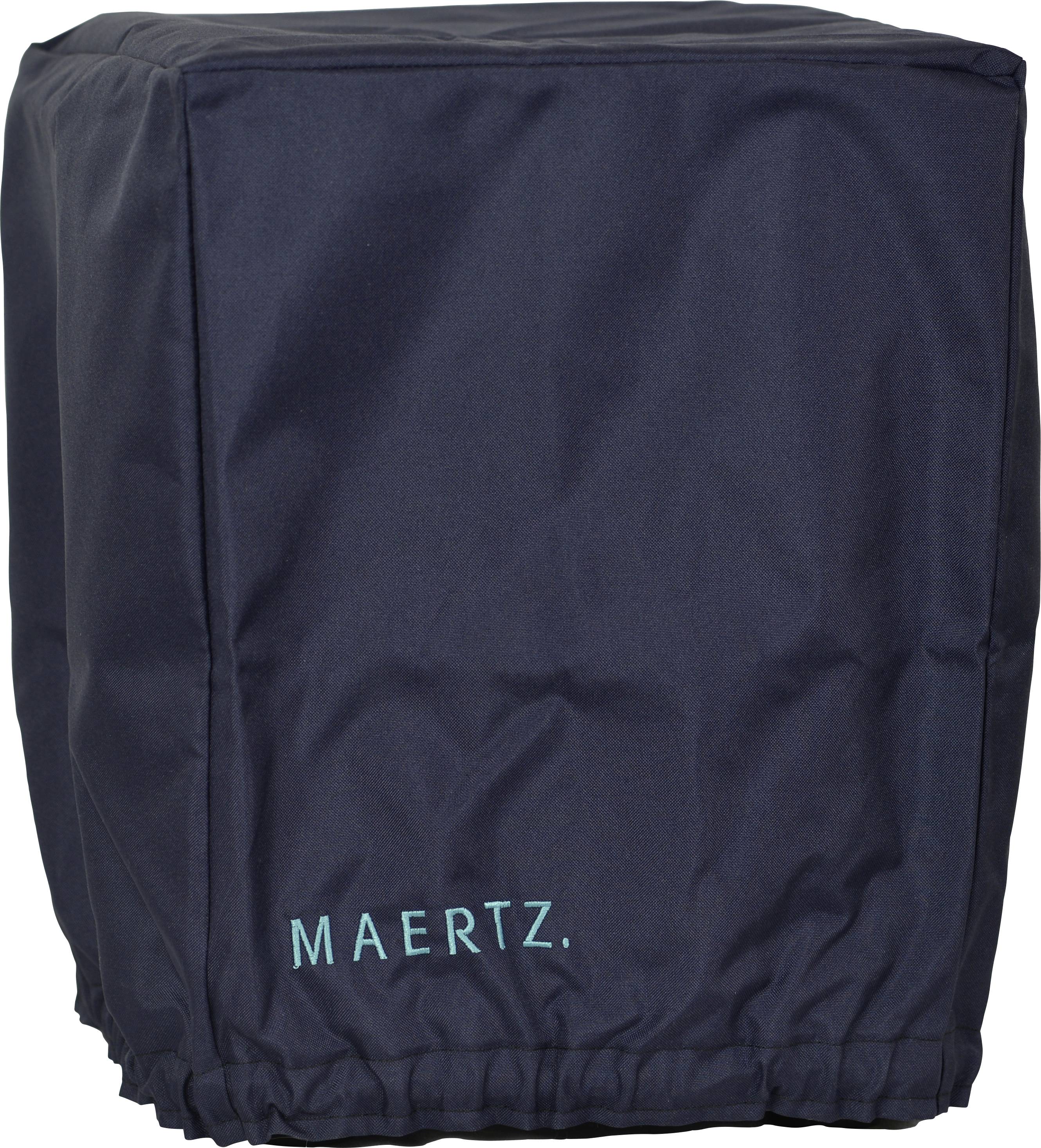 Donkerblauwe hoes met het in turquoise bedrukte woord 'MAERTZ'. Beschermhoes voor een voorwerp, mogelijk een barbecue of een machine.