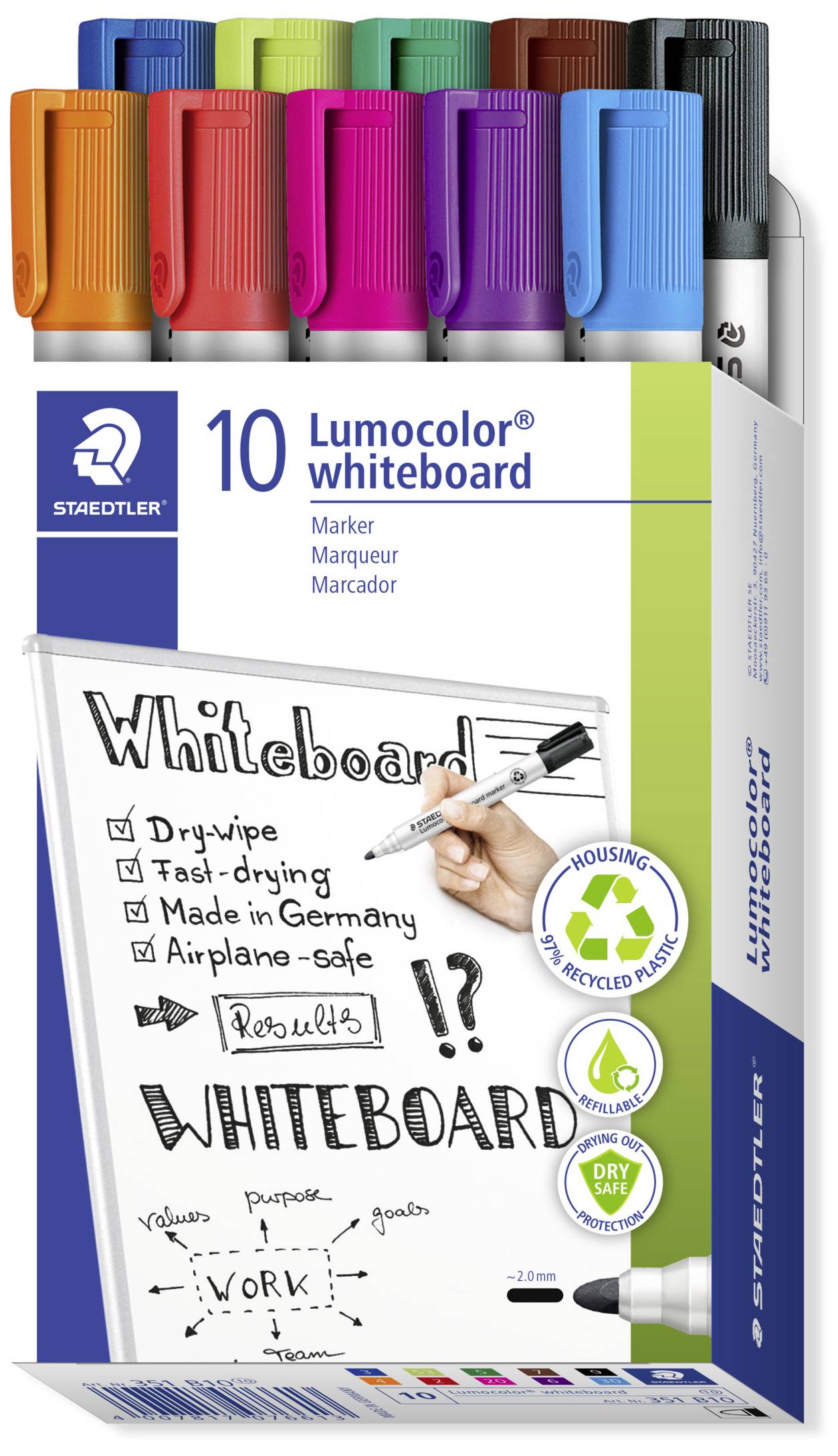 De afbeelding toont een verpakking met 10 Lumocolor whiteboard-markers in verschillende kleuren, geschikt voor snel drogen en milieuvriendelijk.