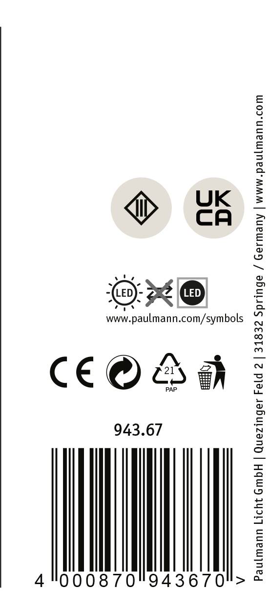 Etiket met symbolen voor CE, UKCA, recyclebaar, LED, Energieklasse A++. Serienummer: 943.67. Website: www.paulmann.com.