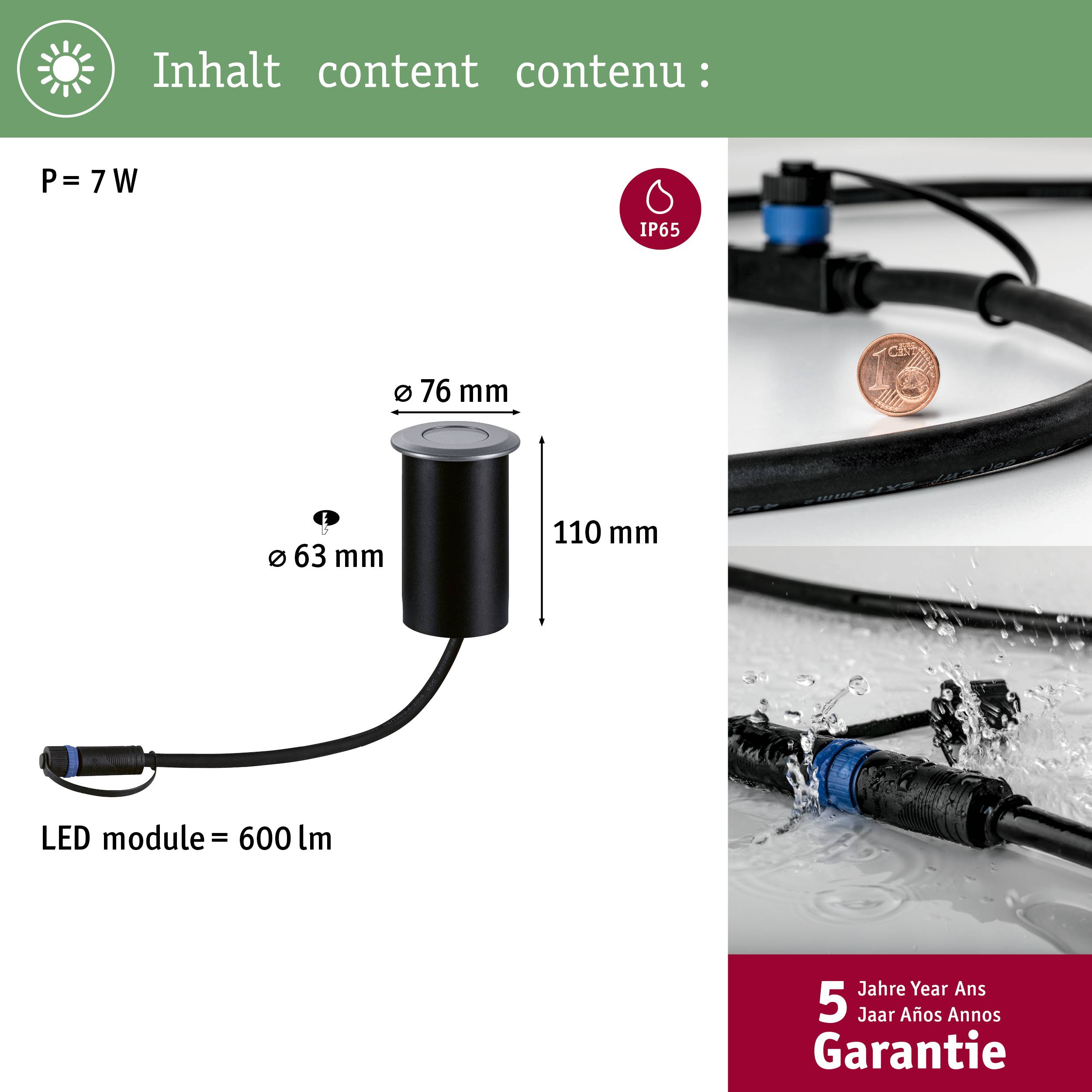 'Een LED-module van 7 watt met IP65-bescherming, 110 mm hoog en 76 mm diameter. Naast munt en buis; 5 jaar garantie gemarkeerd.'