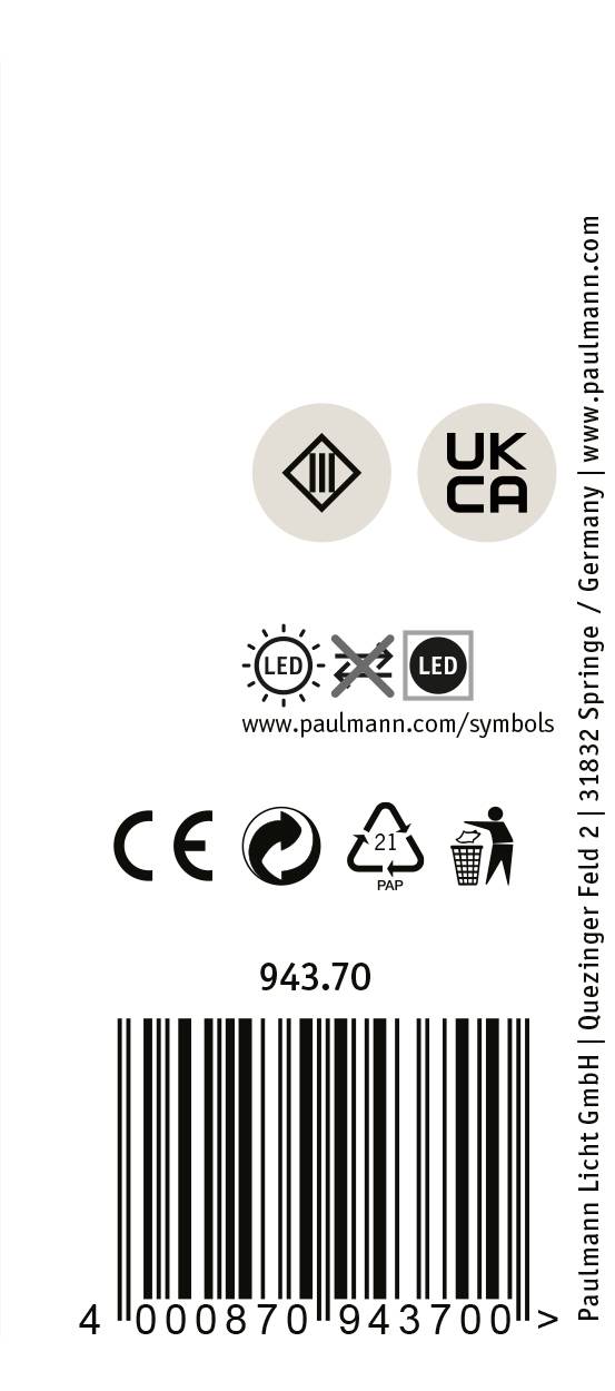 Etiket met symbolen: 'CE', 'UKCA', 'IP 21', LED-teken, doorgestreepte vuilnisbak en streepjescode. Fabrikant: Paulmann, Quoizburger Feld 1, 31832 Springe, Duitsland.