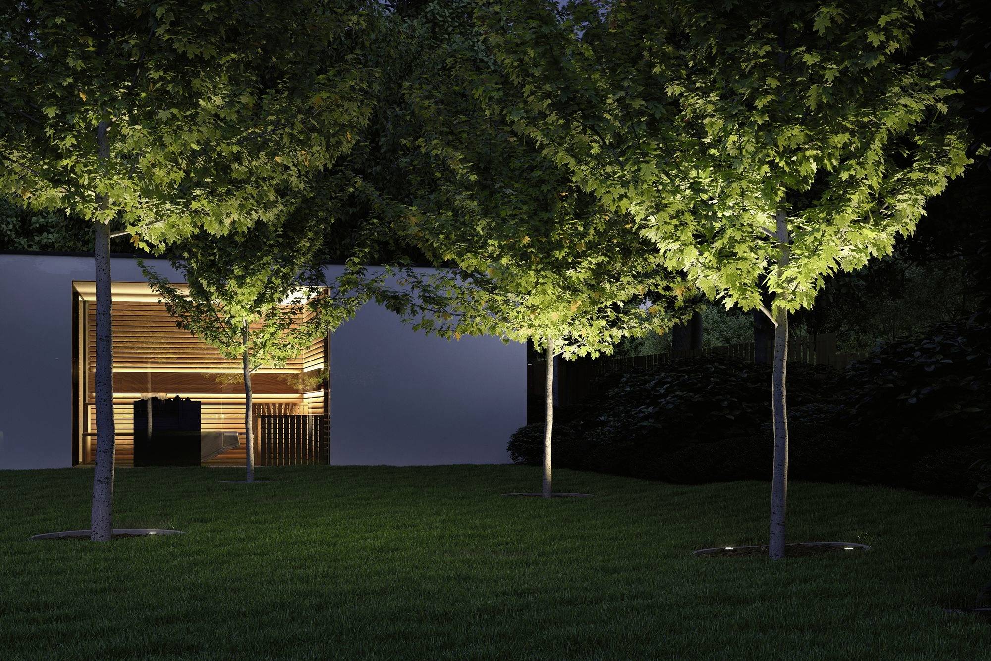 Een moderne paviljoen met houten verlichting aan de binnenkant staat in een tuin met drie verlichte bomen. De avondsfeer versterkt de atmosfeer.