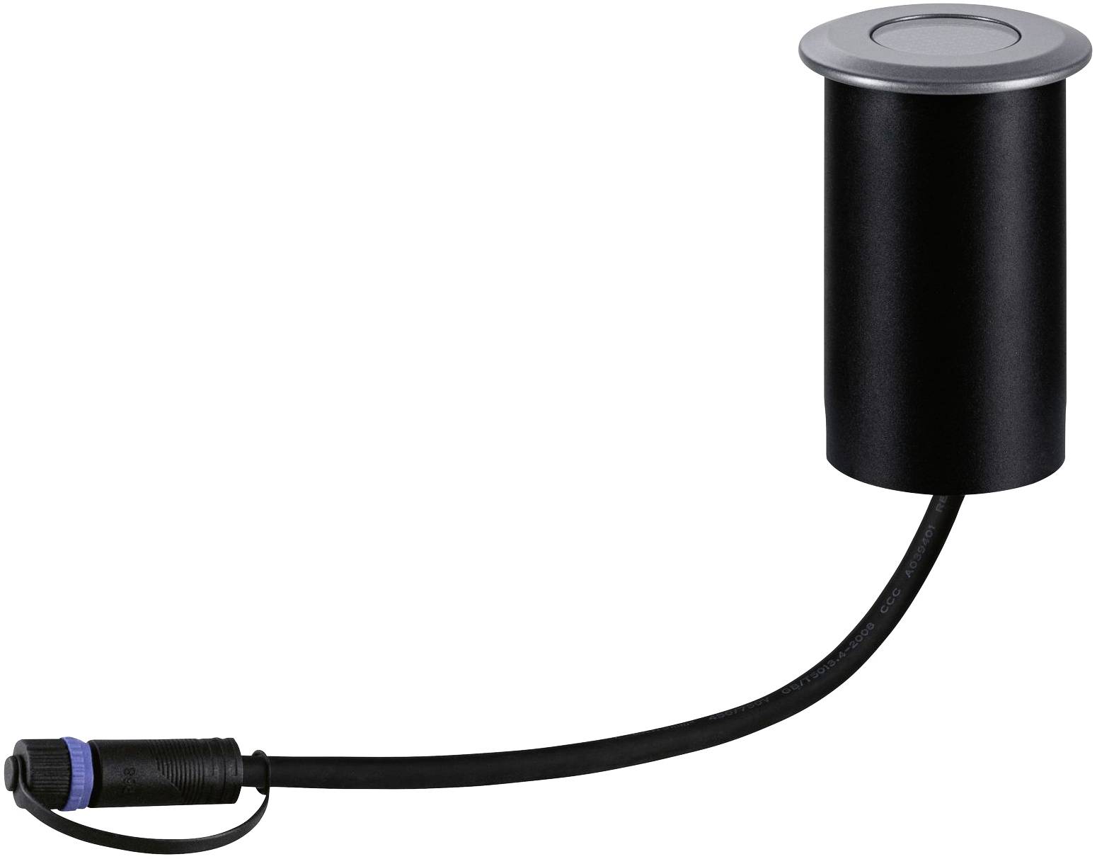 Een zwarte cilindrische sensor met een blauwe stekker en kabel, waarschijnlijk geschikt voor industriële of technische toepassingen.