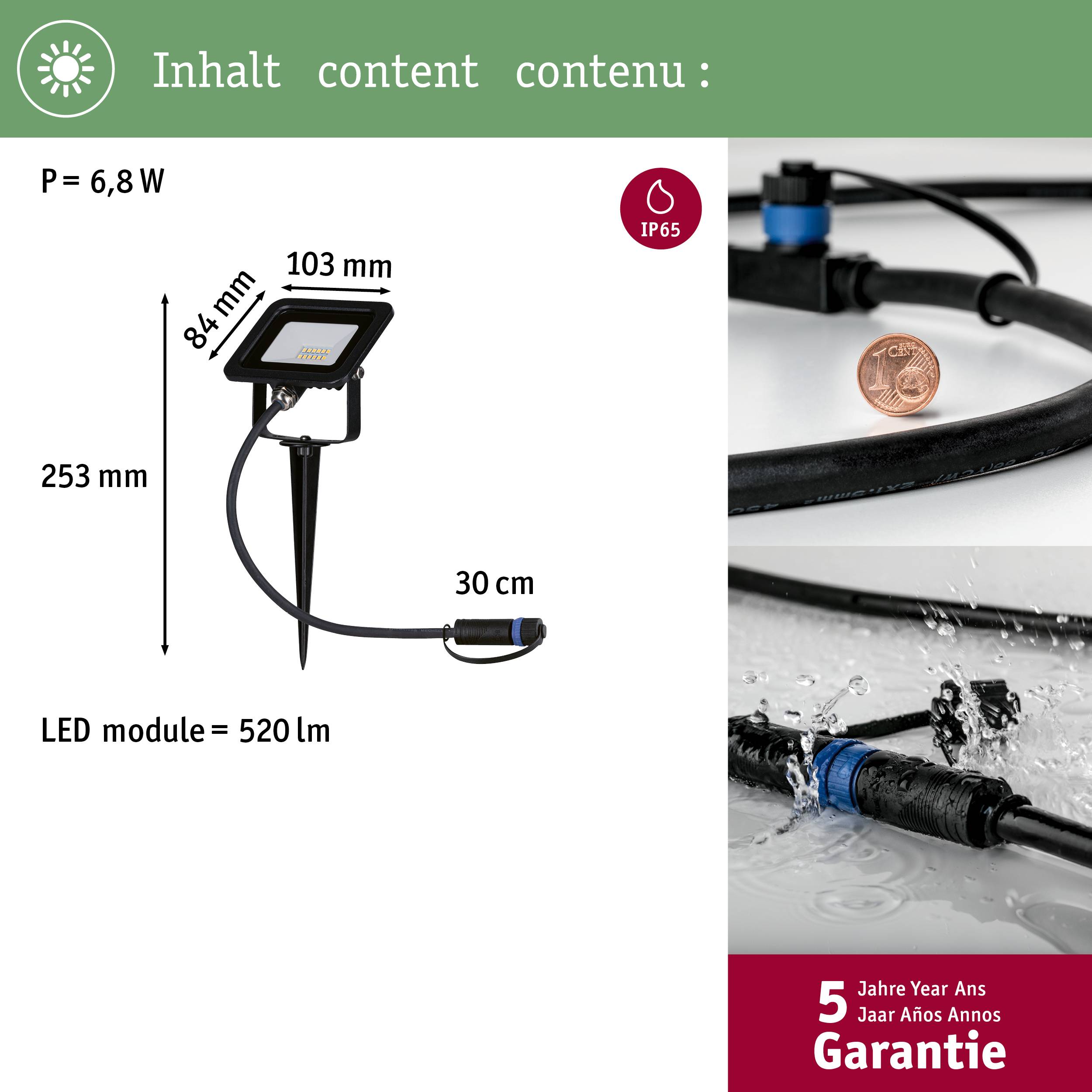 'LED-schijnwerper met grondpen, IP65, afmetingen: 253 x 103 mm, vermogen: 6,8 W, 520 lm, 5 jaar garantie. Kabel 30 cm lang, energiezuinig.'