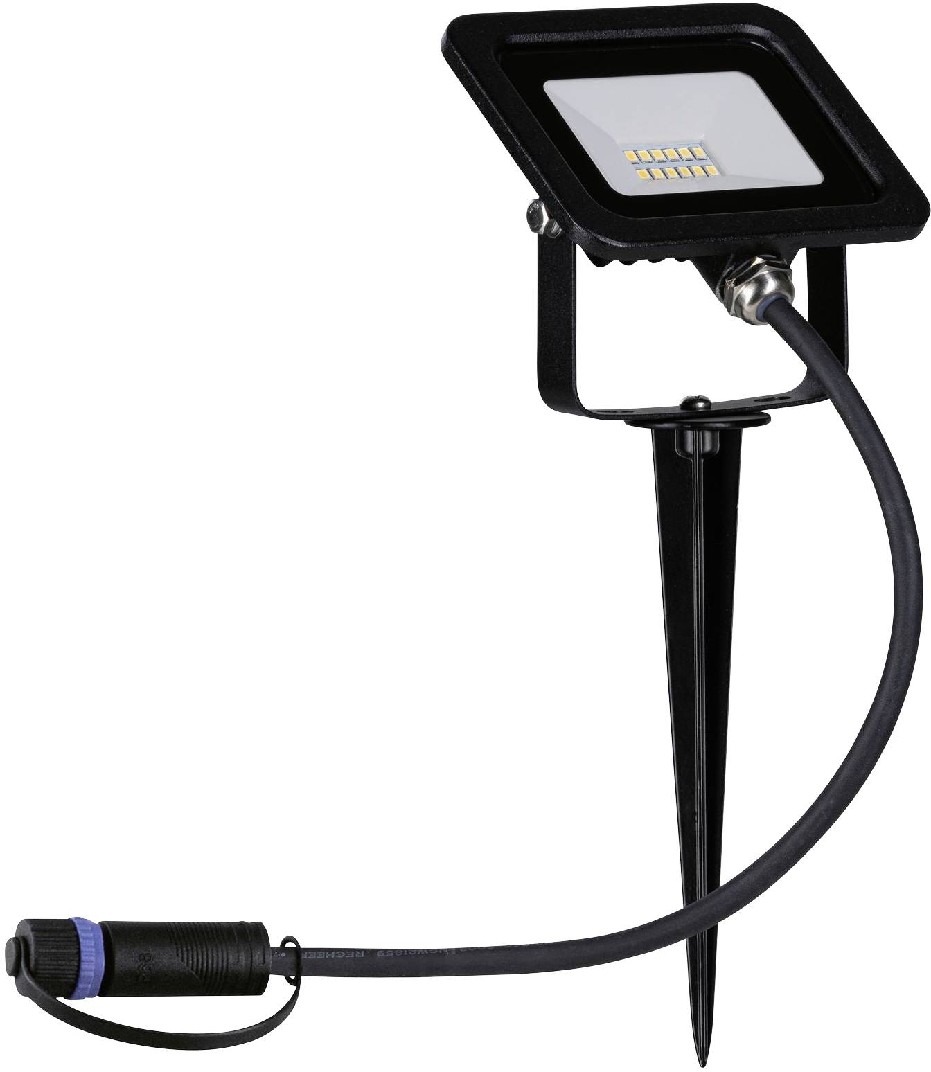 Led-schijnwerper op een grondpen, zwarte behuizing, met aansluitkabel. Ontworpen voor buitenverlichting.