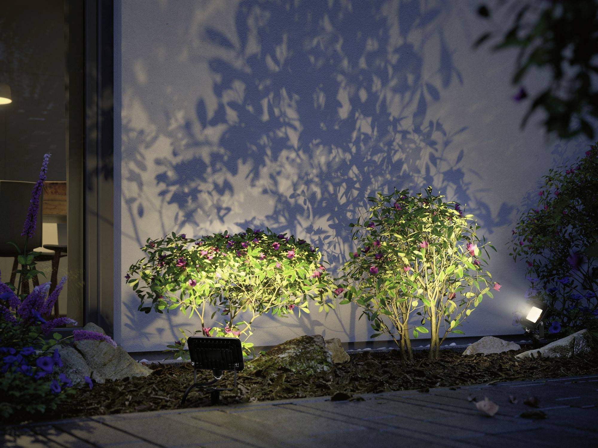 Twee verlichte struiken werpen schaduwen op een muur van een huis 's nachts. De omgeving is ingericht met bloemen en decoratieve verlichting.