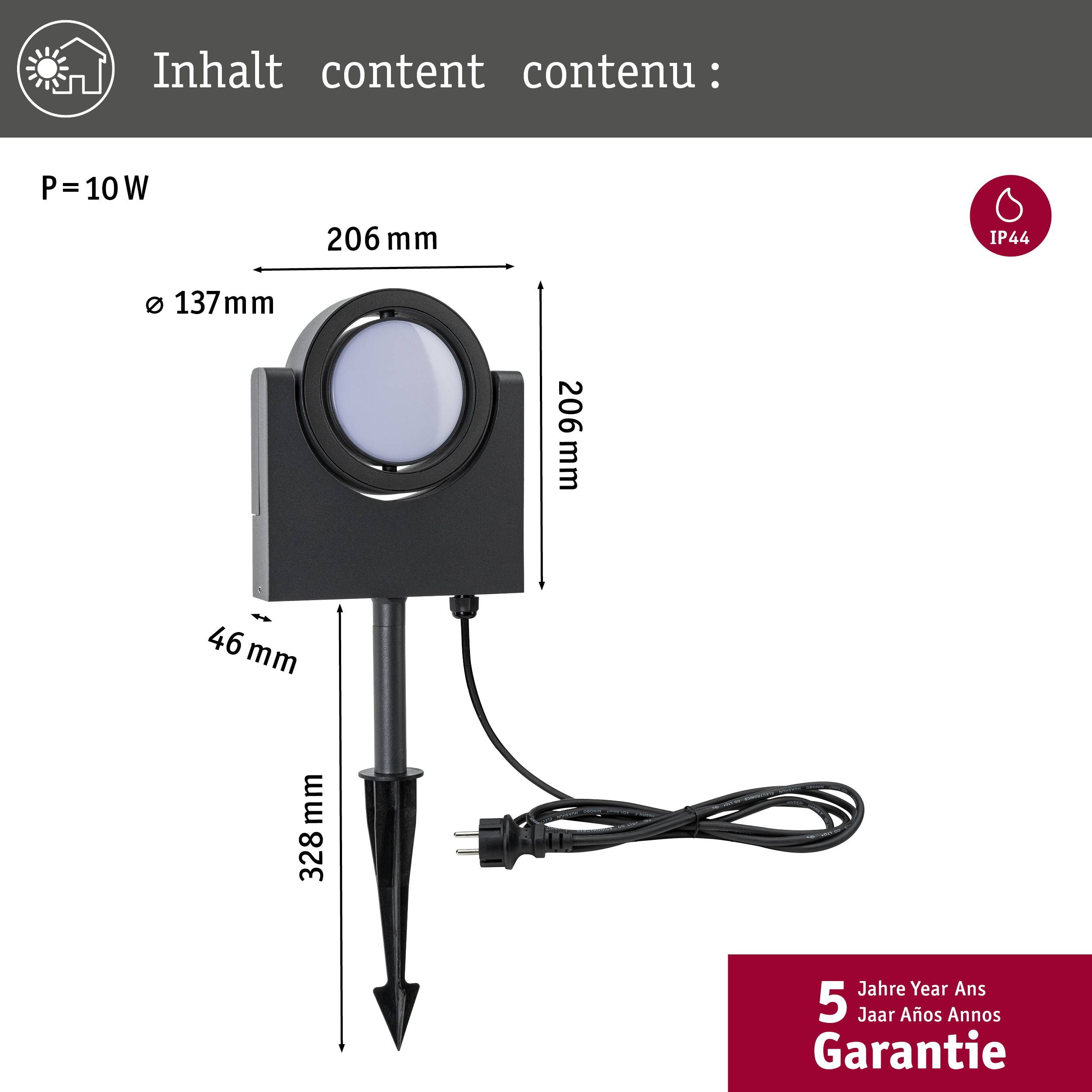 'Zonne-LED-schijnwerper met grondpen, vermogen 10W, IP44-bescherming, afmetingen: 328mm hoog, 206mm breed, 137mm diameter.'