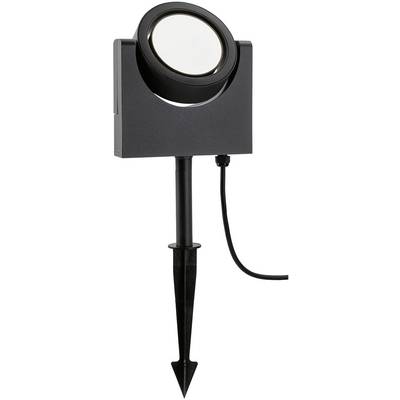 Een zwarte LED-tuinspot met grondpen en kabel, geschikt voor het verlichten van buitenruimtes.