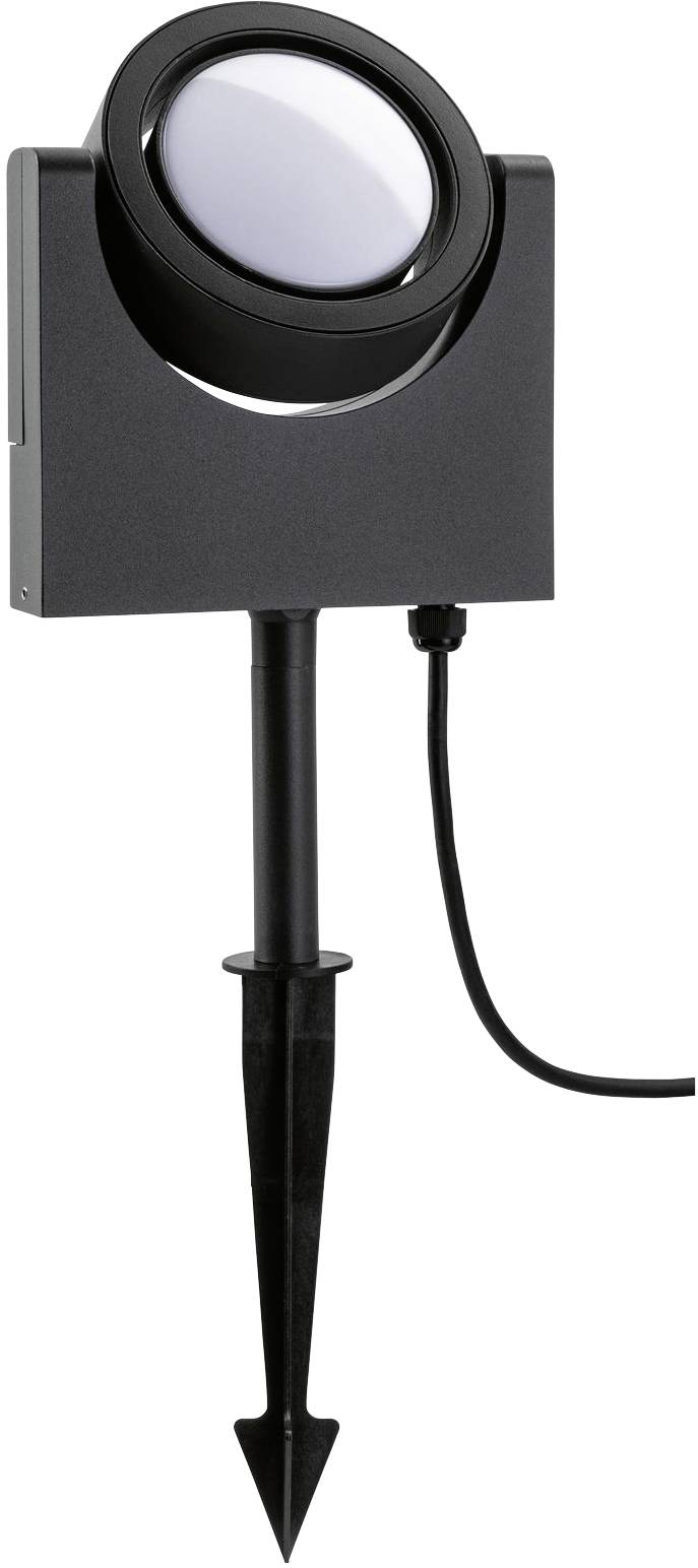 Tuinlamp met grondpen, zwarte behuizing, rond lampenglas, geschikt voor buitenverlichting, met stroomkabel.