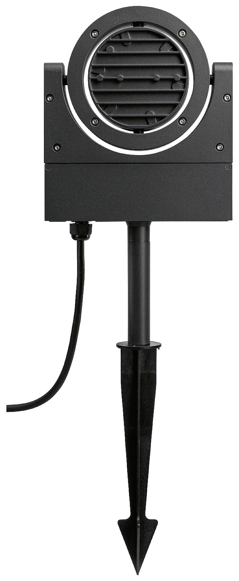 Zwart-grijze LED-schijnwerper met grondpen en netsnoer, geschikt voor buitenverlichting of tuinverlichting.