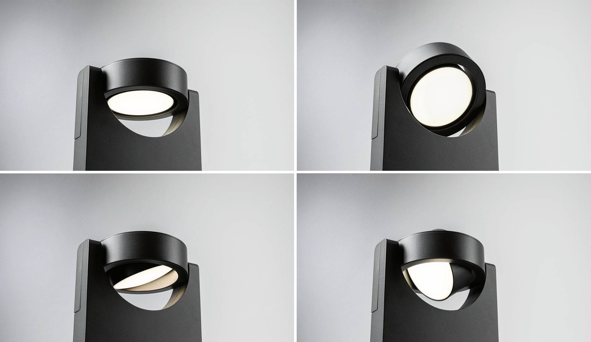 Vier afbeeldingen tonen een zwarte, moderne buitenlamp met een rond, draaibaar hoofd dat in verschillende helderheidsgraden kan schijnen.