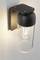 Zwarte buitenwandlamp met glazen kap, werpt warm licht op grijze muur. Modern, minimalistisch ontwerp.