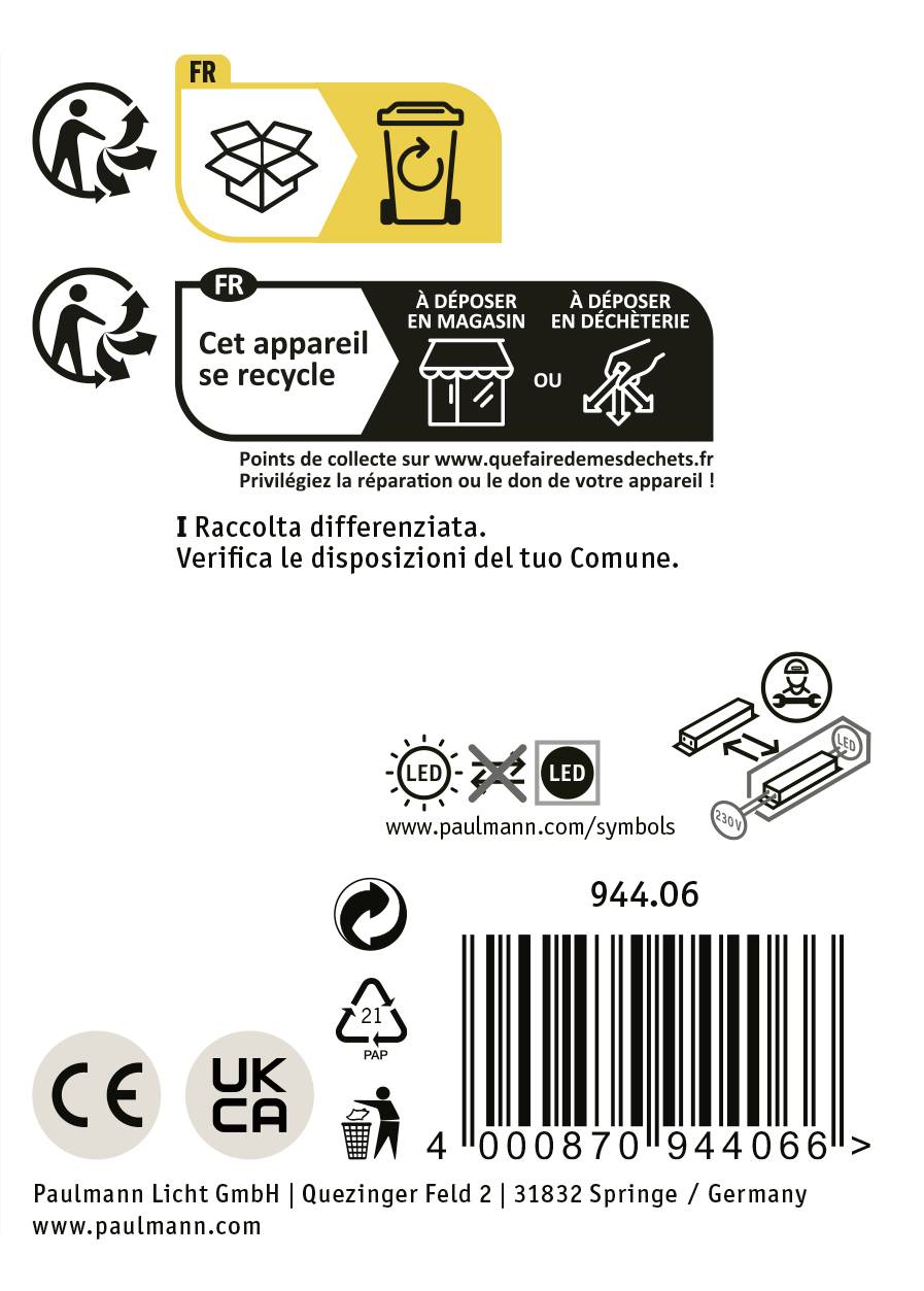 'Dit apparaat kan worden gerecycled' Tekst bovenaan. Symbolen voor recycling, winkel en afval. Contactgegevens en energiezuinigheidssymbolen onderaan.