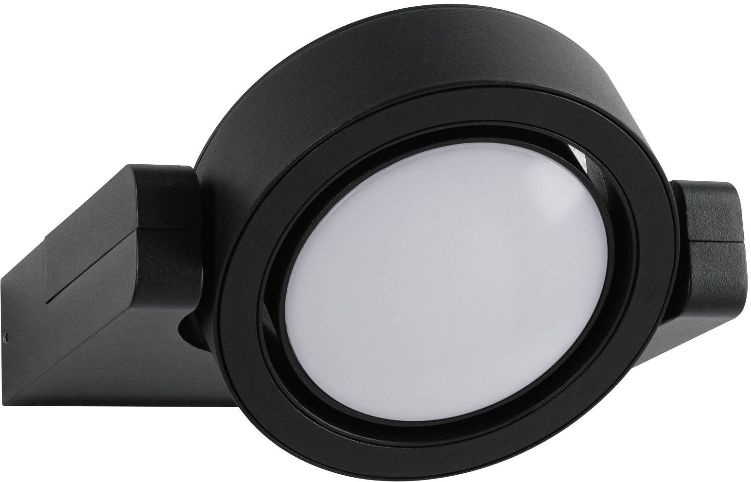 Zwarte LED-lamp met een ronde, witte diffuser, geschikt voor plafondmontage, modern en strak in ontwerp.