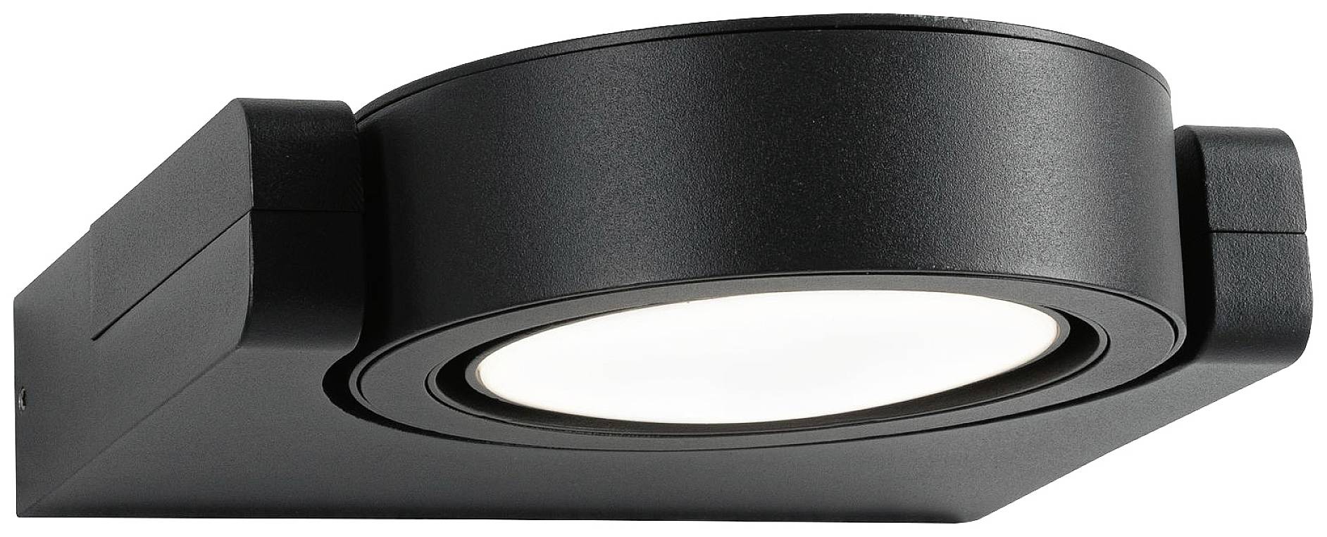 Zwart-grijze plafondlamp met een ronde, platte vorm die diffuus licht uitstraalt.