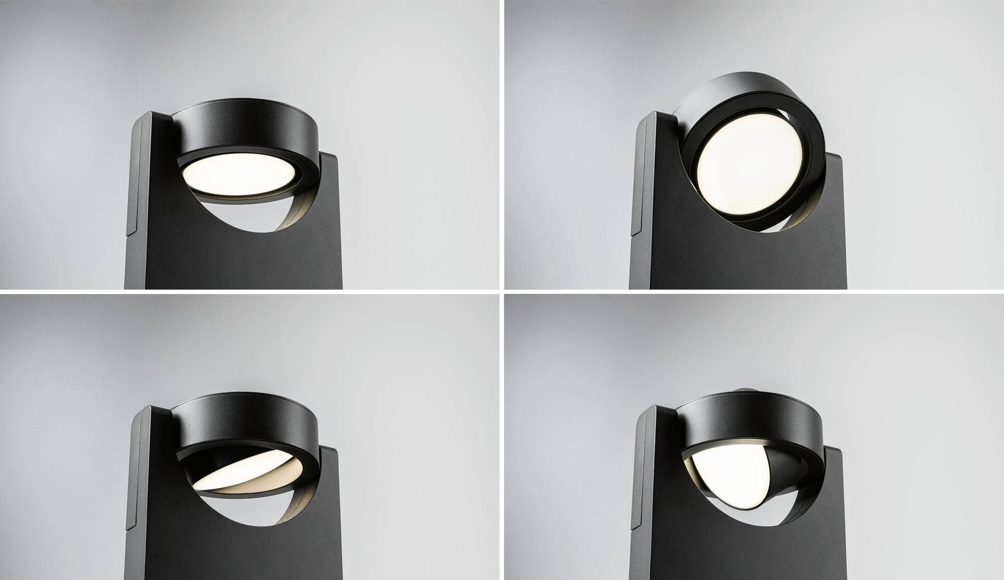 Vier perspectieven van een moderne zwarte metalen straatlantaarn met een ronde kap, die verschillende hellingshoeken toont.