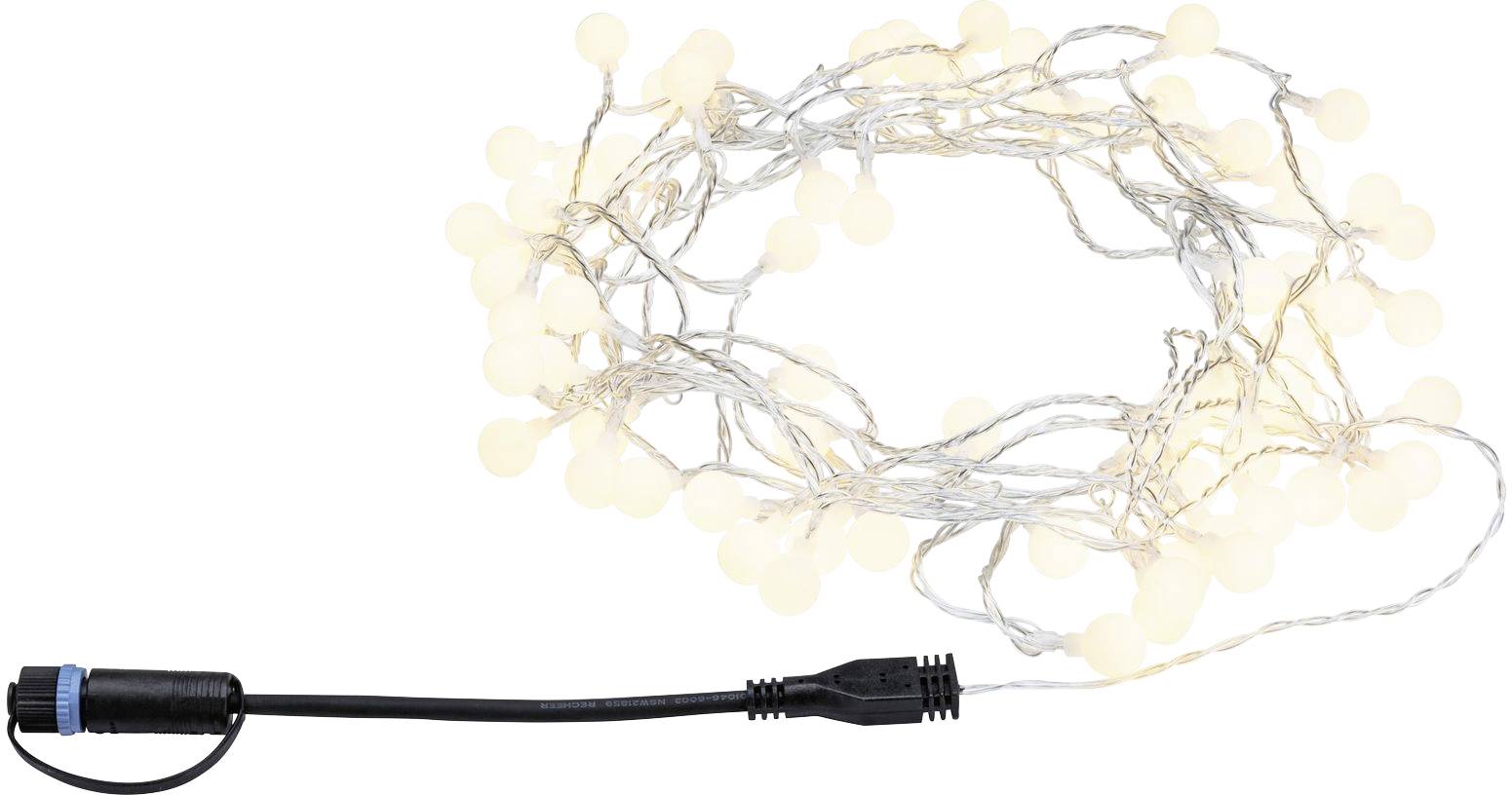 Een lichtsnoer met kleine, bolvormige LED's en een zwart verbindingssnoer.
