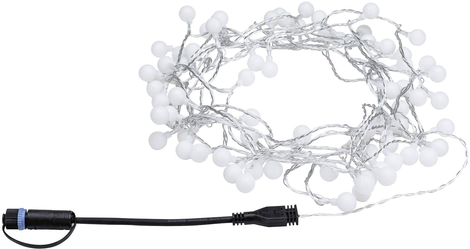 Een lichtsnoer met witte bollen en een zwarte stekker. Ideaal voor decoraties in binnenruimtes of tuinen.