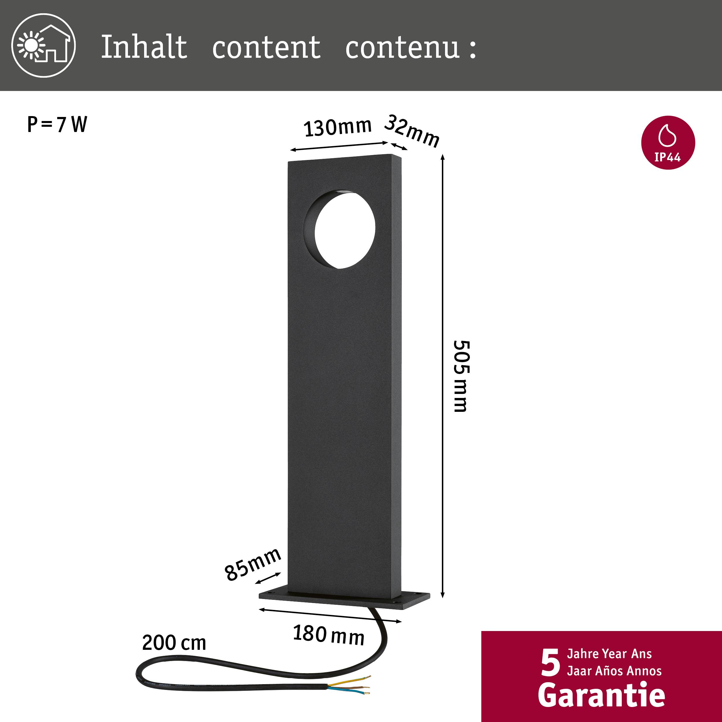 'Solarlamp met 505 mm hoogte, 130 mm breedte. Beschermingsgraad IP44. Energieverbruik 7 W. 5 jaar garantie.'