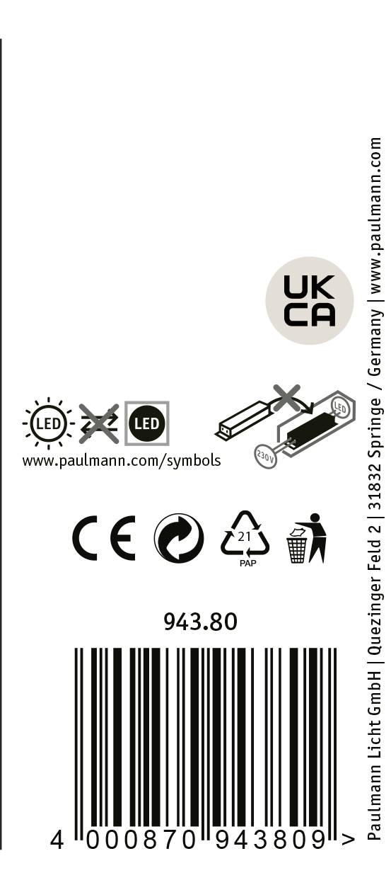 Etiket met streepjescode, UKCA-markering, CE-symbool en informatie over de lichtbron Paulmann, modelnummer 943.80.