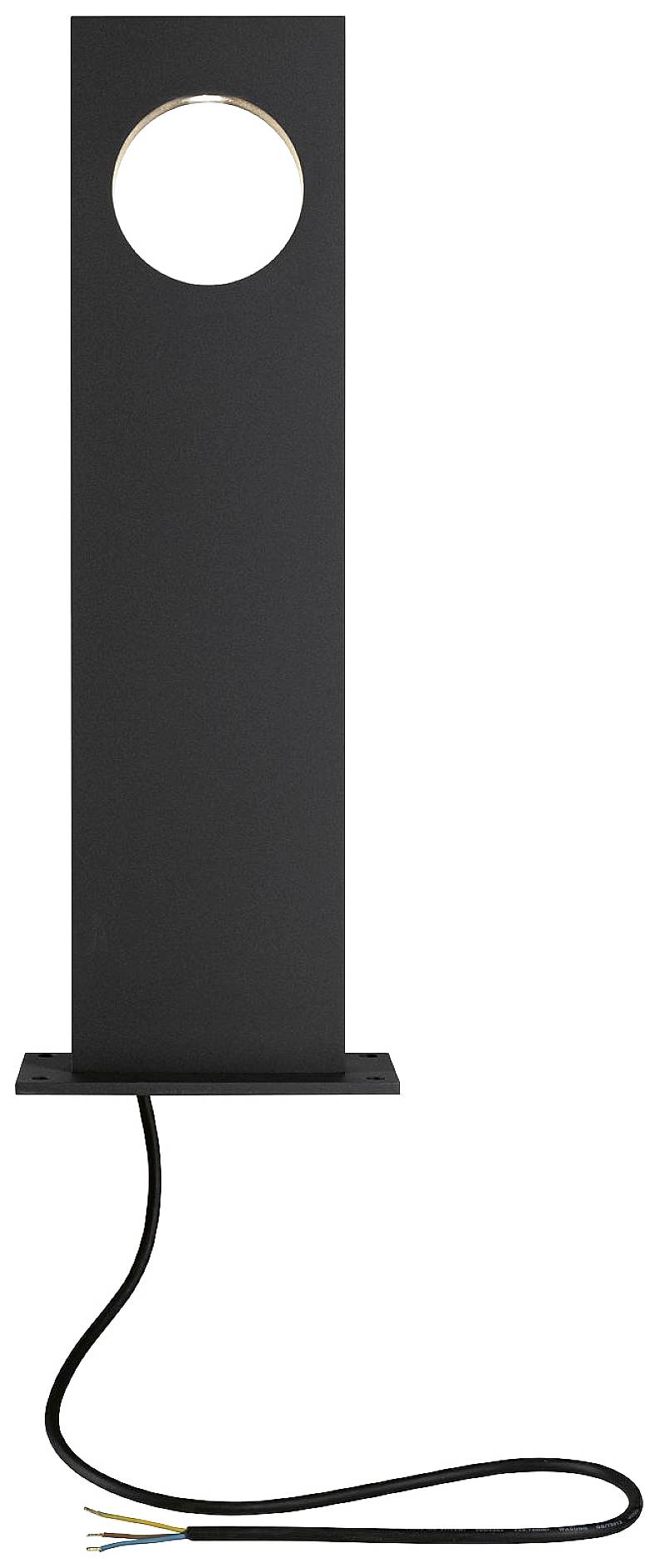 Een zwarte buitenlamp met rechthoekig ontwerp en een rond uitsparing bovenaan, voorzien van een neerhangende kabel, geschikt voor wandmontage.