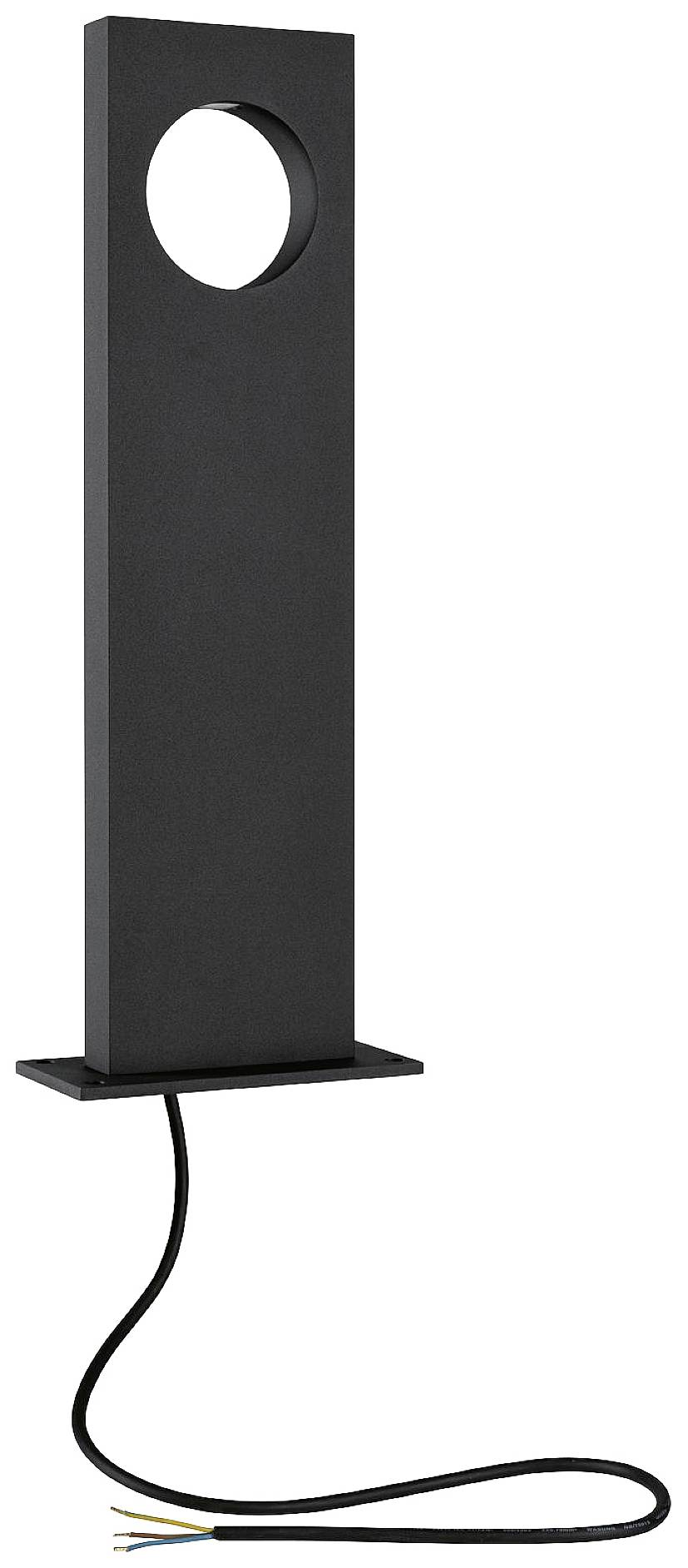 Zwarte, rechthoekige lamp met een rond uitsparingsgat bovenaan en een uitstekende stroomkabel onderaan.