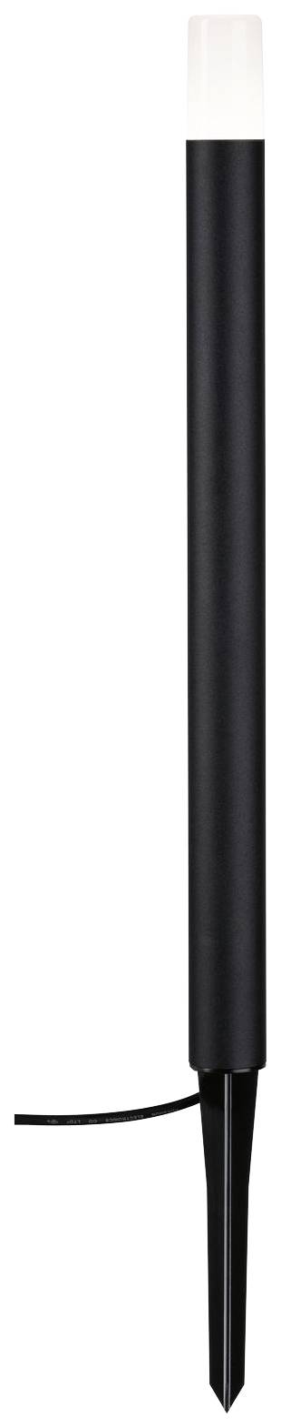 Een slanke, zwarte buitenlamp met grondpen en witte lichtunit, geschikt voor de verlichting van tuinen of paden.