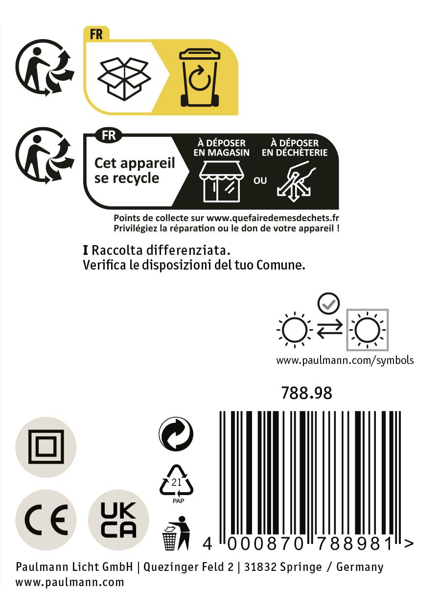 Sticker met verwijderingsaanwijzingen en symbolen: 'Dit apparaat is recyclebaar', met pijlen en links. Streepjescode en contactgegevens onderaan.