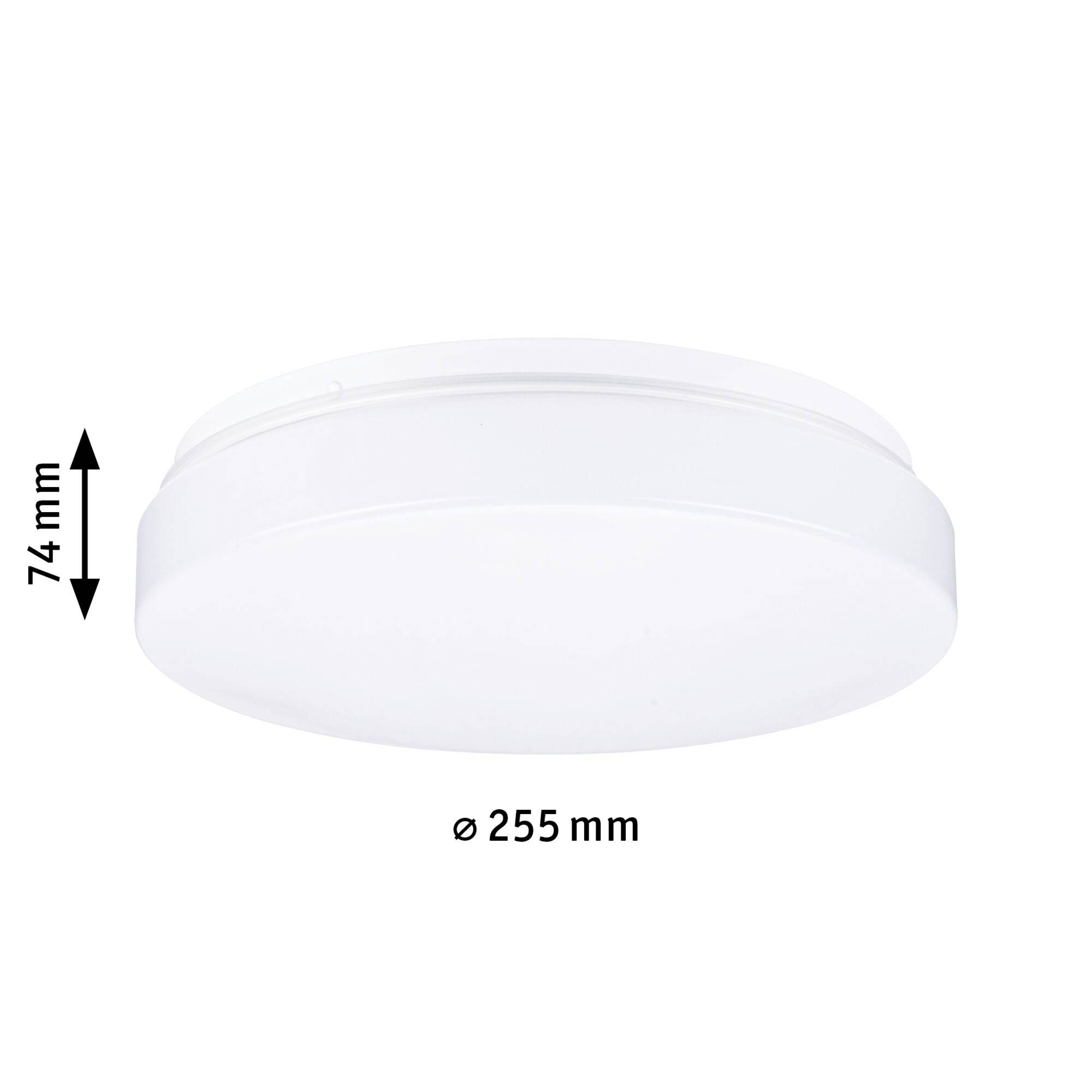 Ronde witte plafondlamp met een diameter van 255 mm en een hoogte van 74 mm.