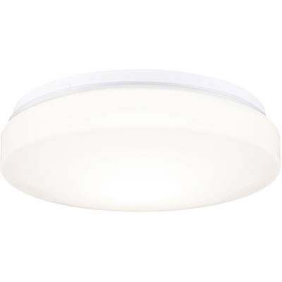 Ronde, eenvoudig ontworpen plafondlamp met witte kunststof kap, zorgt voor gelijkmatige ruimteverlichting.
