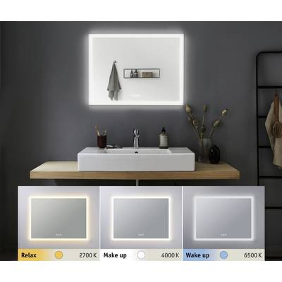 Een spiegel boven een wastafel in een minimalistisch badkamerinterieur. De spiegel is voorzien van verlichting met drie kleurtemperatuur-instellingen: 'Relax' (2700 K), 'Make up' (4000 K), 'Wake up' (6500 K).