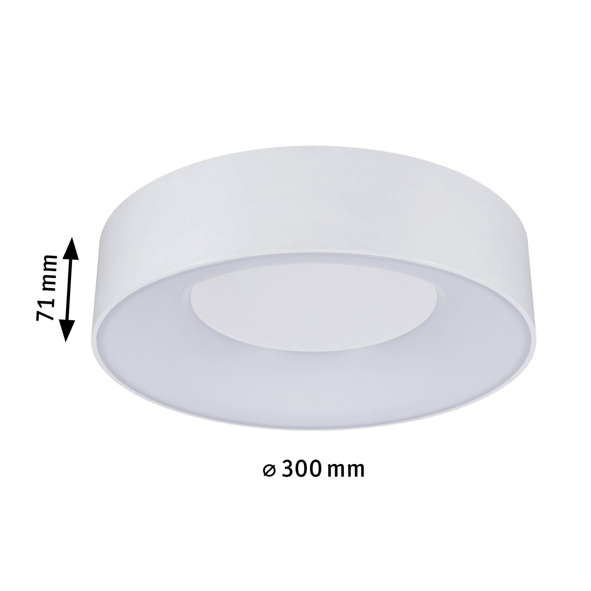 Ronde LED-plafondlamp, diameter 300 mm, hoogte 71 mm, in een wit behuizing. Ideaal voor binnenverlichting.