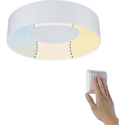 Plafondlamp met instelbaar kleurenbereik, van koud naar warm licht. Hand drukt op een schakelaar om de lichtkleur te veranderen.