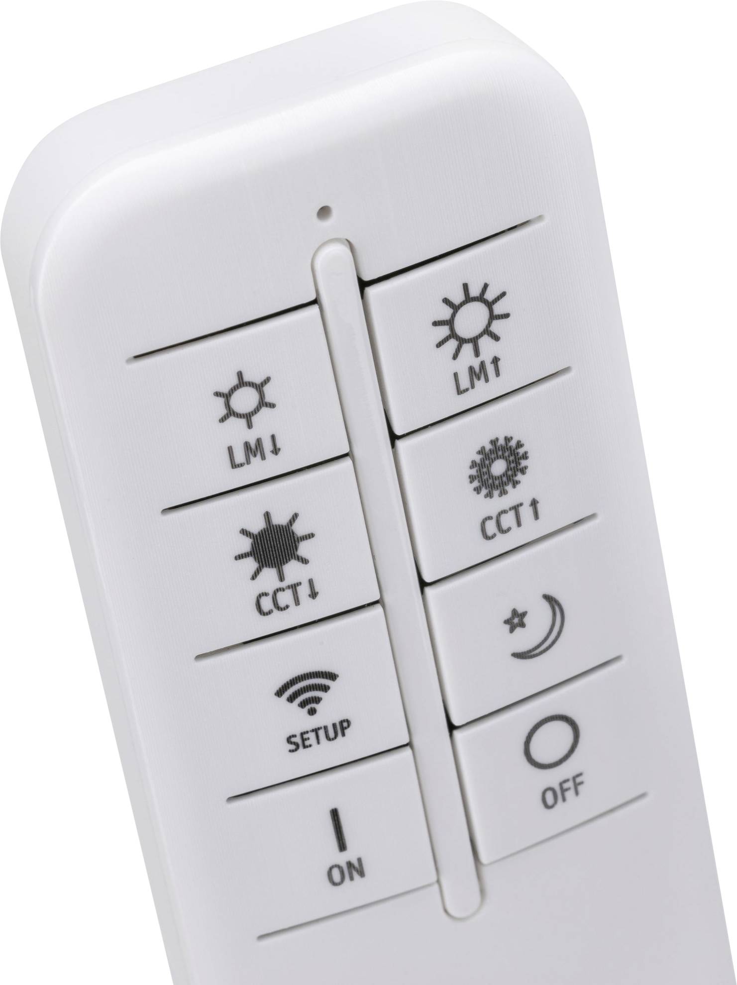 Witte afstandsbediening met knoppen voor het aanpassen van helderheid ('LM▼', 'LM▲'), kleurtemperatuur ('CCT▼', 'CCT▲'), en aan/uit-functie.