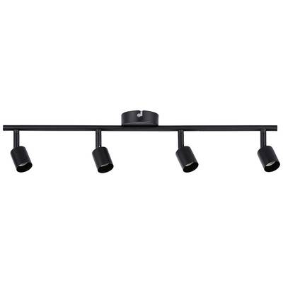 Zwarte plafondspot met vier verstelbare lampen op een rail, gemonteerd op een ronde voet, geschikt voor binnenverlichting.