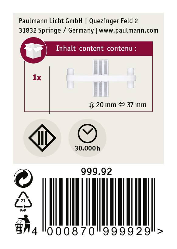 'Inhoud van de verpakking: 1x Connector. Afmetingen: 20 mm x 37 mm. Paulmann Licht GmbH, Quezinger Feld 2, 31832 Springe, Duitsland.'