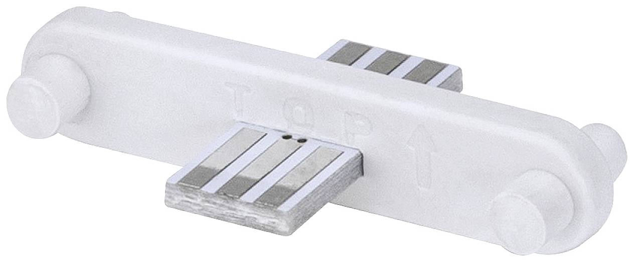 Witte kunststof schuifgeleider met metalen strepen, geschikt voor schuifdeurmechanismen.