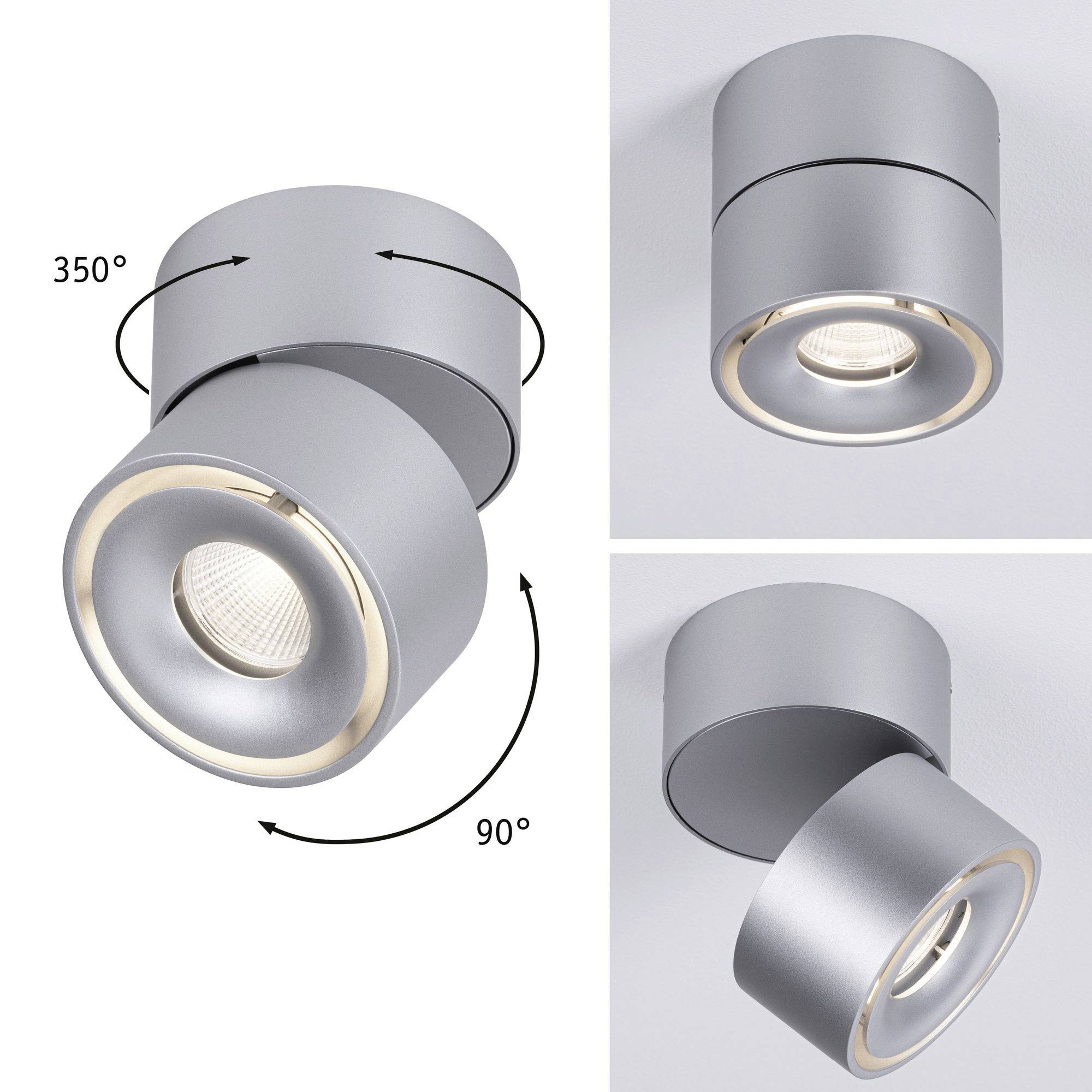 Grijze, cilindrische plafondlamp met draaibare functie: 350° horizontaal, 90° verticaal, moderne verlichtingsoplossing.