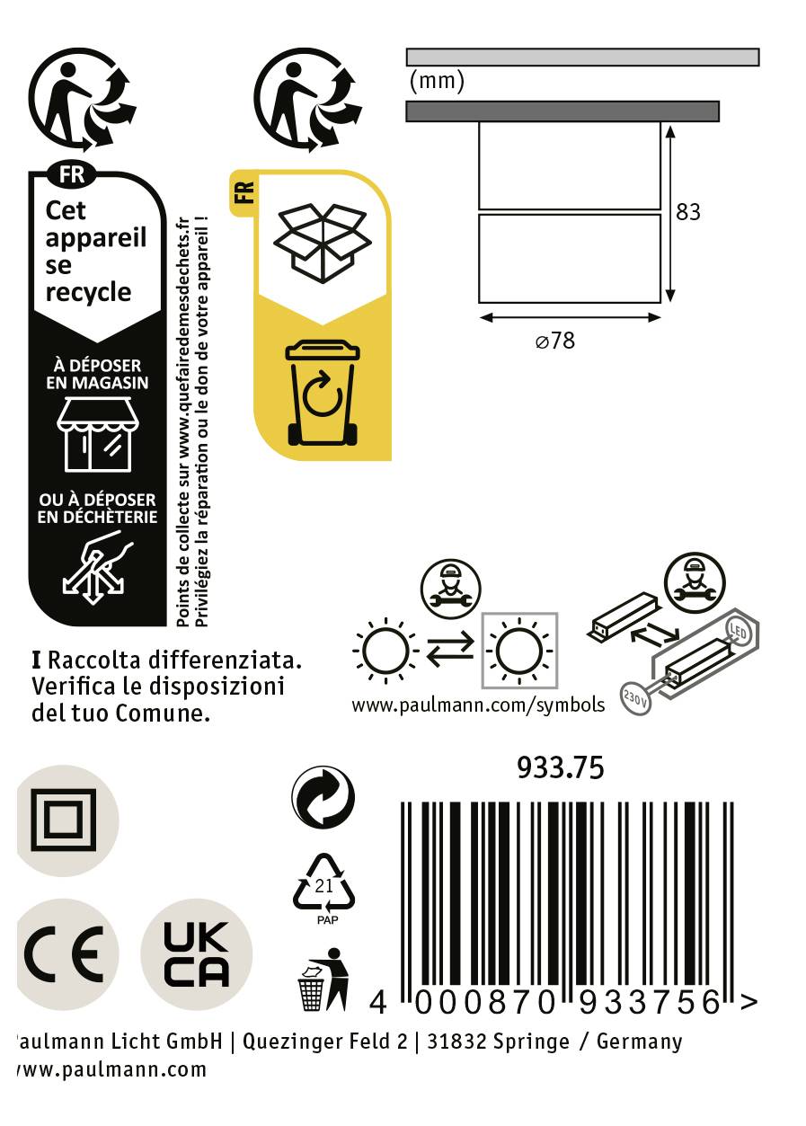 Productlabel met recyclinginstructies, symbolen voor de juiste afvalverwijderingsroute, technische tekeningen en streepjescode.