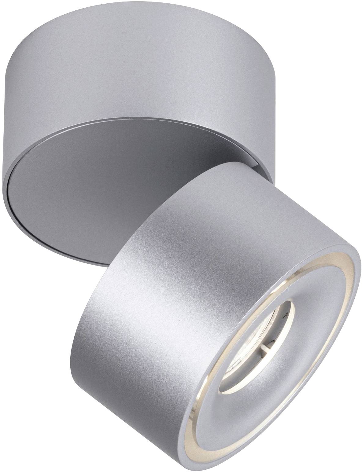 Zilveren, cilindrische plafondlamp met draaibaar element voor gerichte verlichting in moderne stijl.