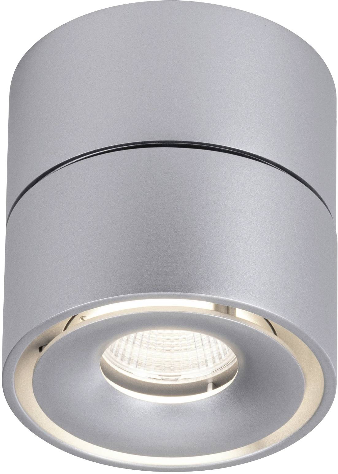 Zilveren plafondlamp van metaal met een rond, modern design en zichtbaar LED-verlichtingselement.
