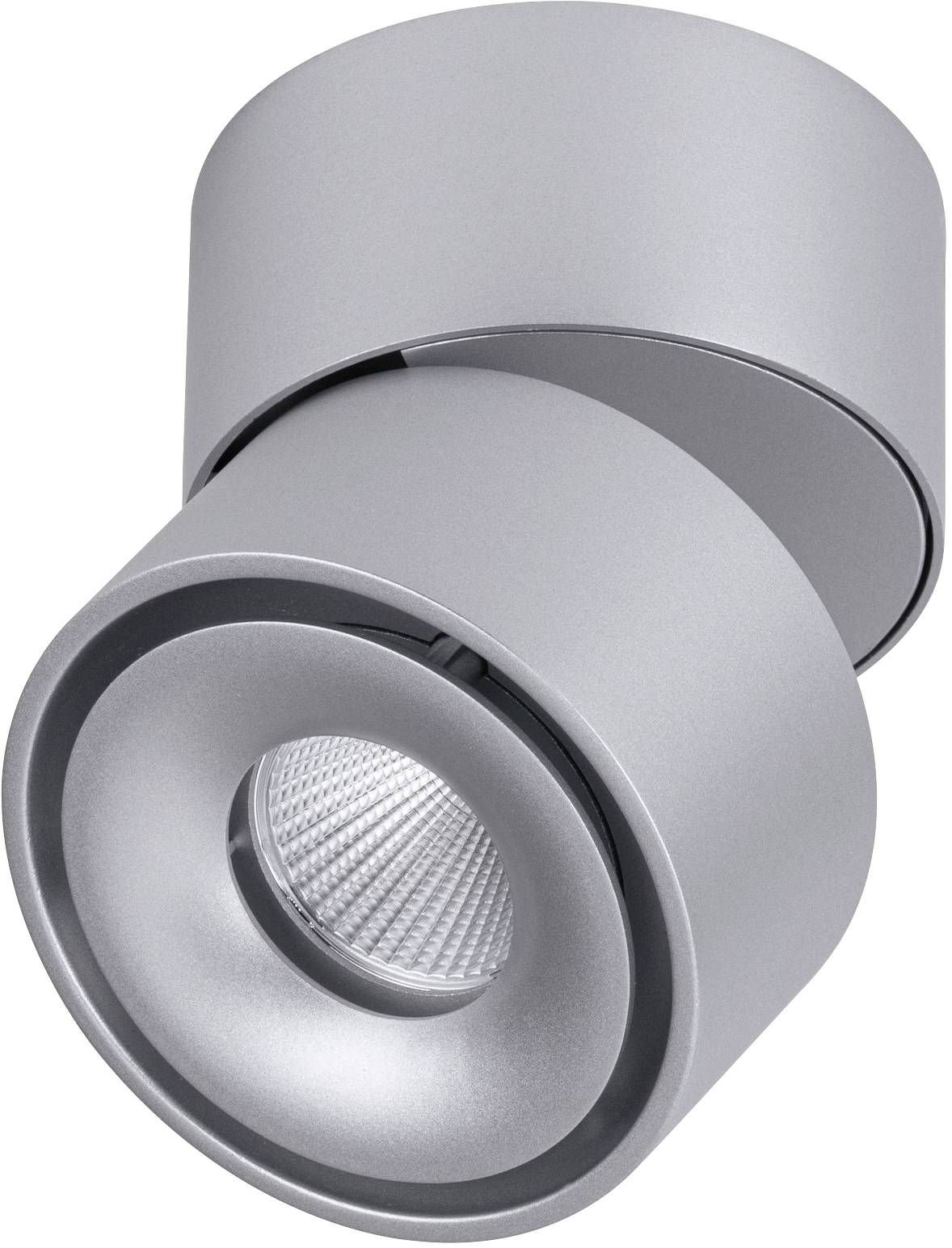 Zilveren, cilindrische plafondspot, modern ontworpen, met een kantelbare kop voor gerichte lichtinstelling in binnenruimtes.