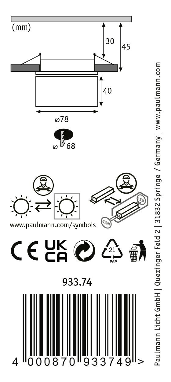 Installatiehandleiding voor een inbouwverlichtingsset, toont afmetingen in mm (30, 40, 45), boorgat diameter Ø78, Ø68, met symbolen voor veiligheidsinstructies.