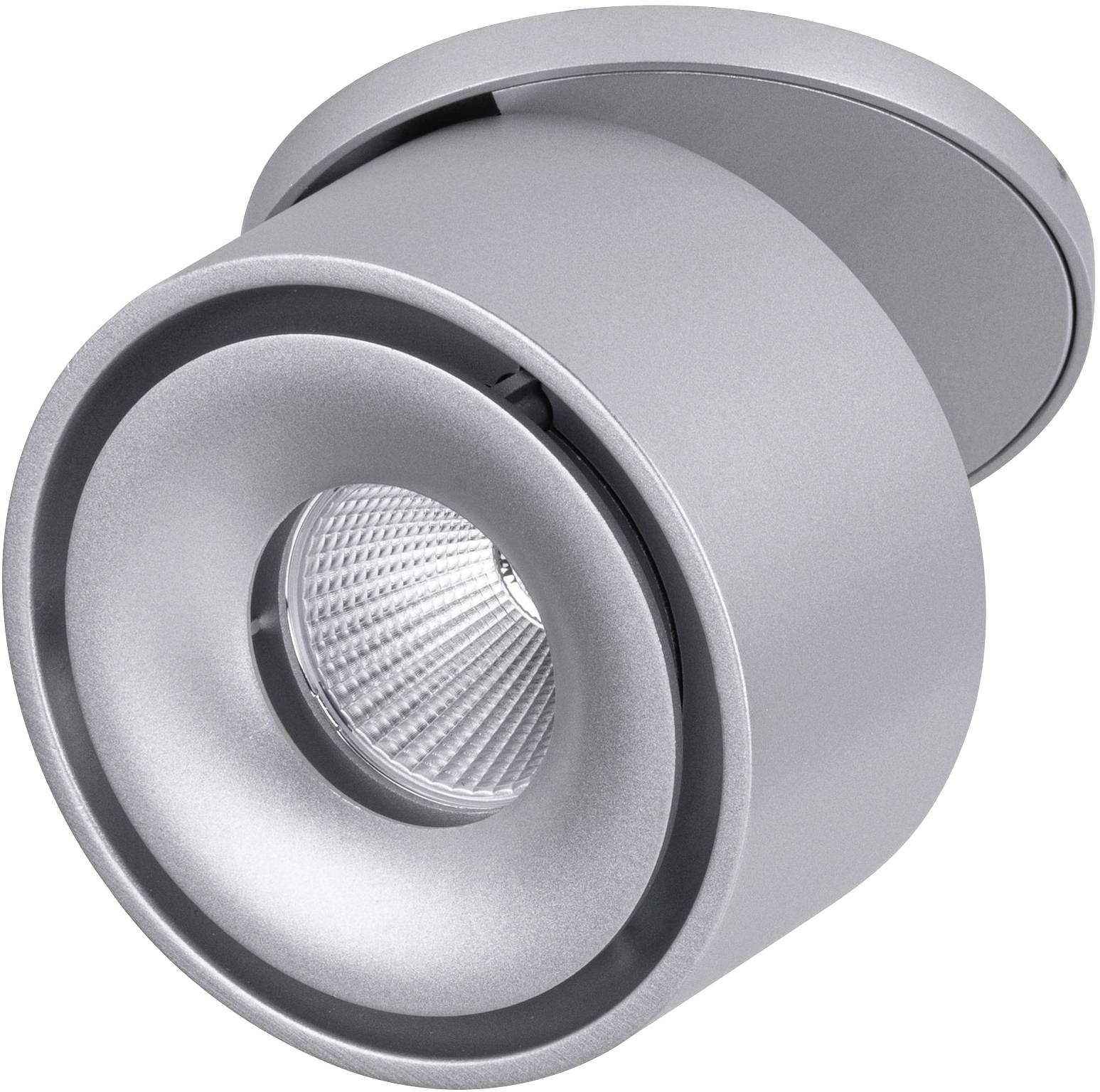 Zilveren, ronde LED-plafondlamp met modern design, geschikt voor accentverlichting.