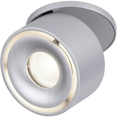 Zilveren, ronde plafond-LED-lamp met draaibare spot, ideaal voor gerichte verlichting van binnenruimtes.