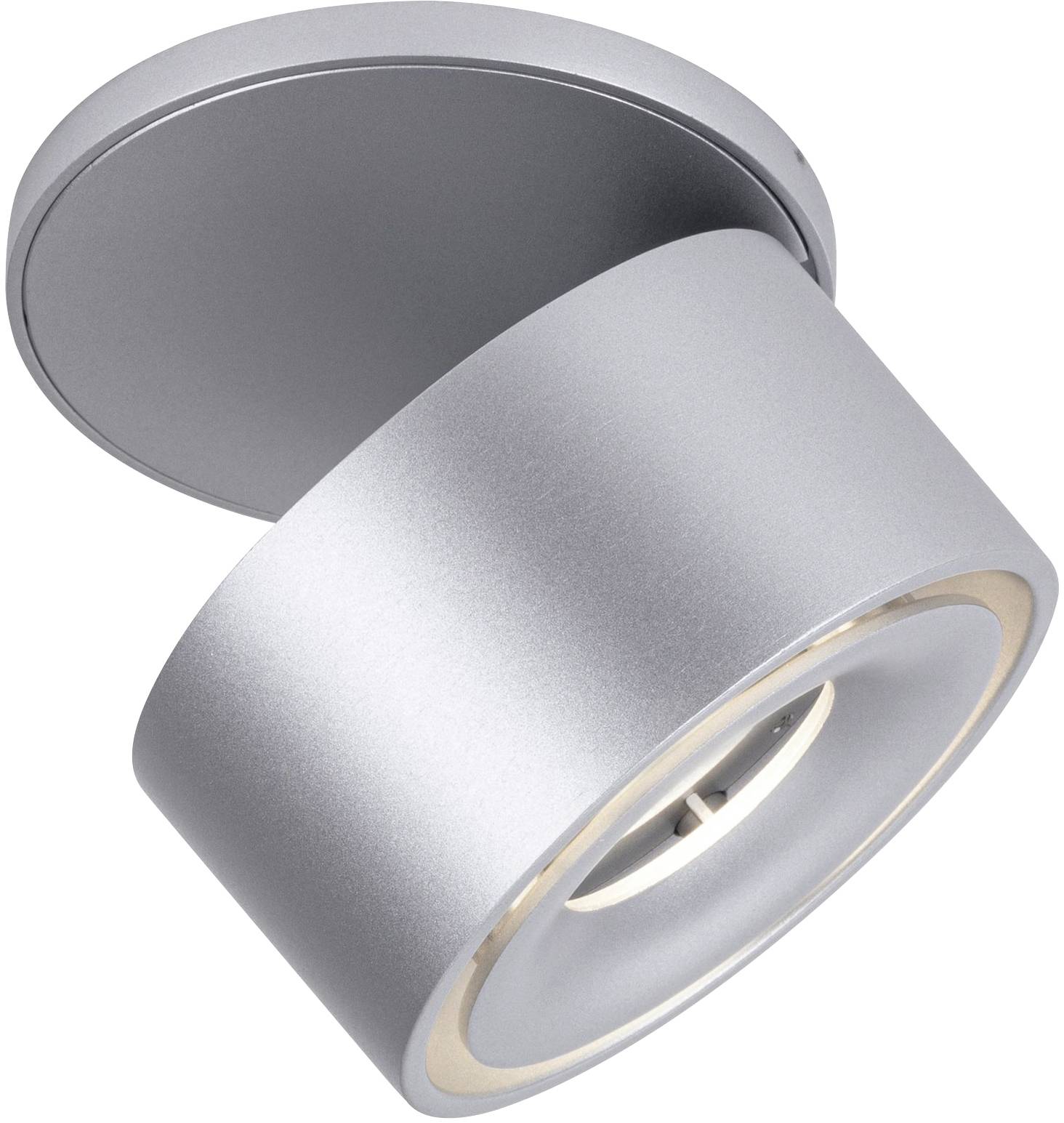 Zilveren, modern ontworpen plafondlamp met een cilindervormige lampenkap die naar beneden helt. Ideaal voor binnenverlichting.