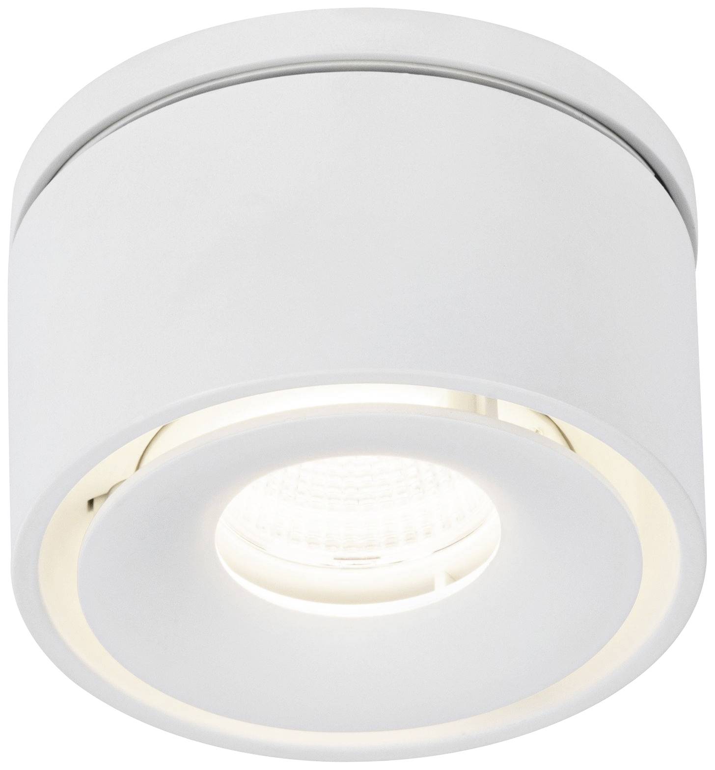 Ronde, witte plafondlamp met geïntegreerde spot, verlicht.